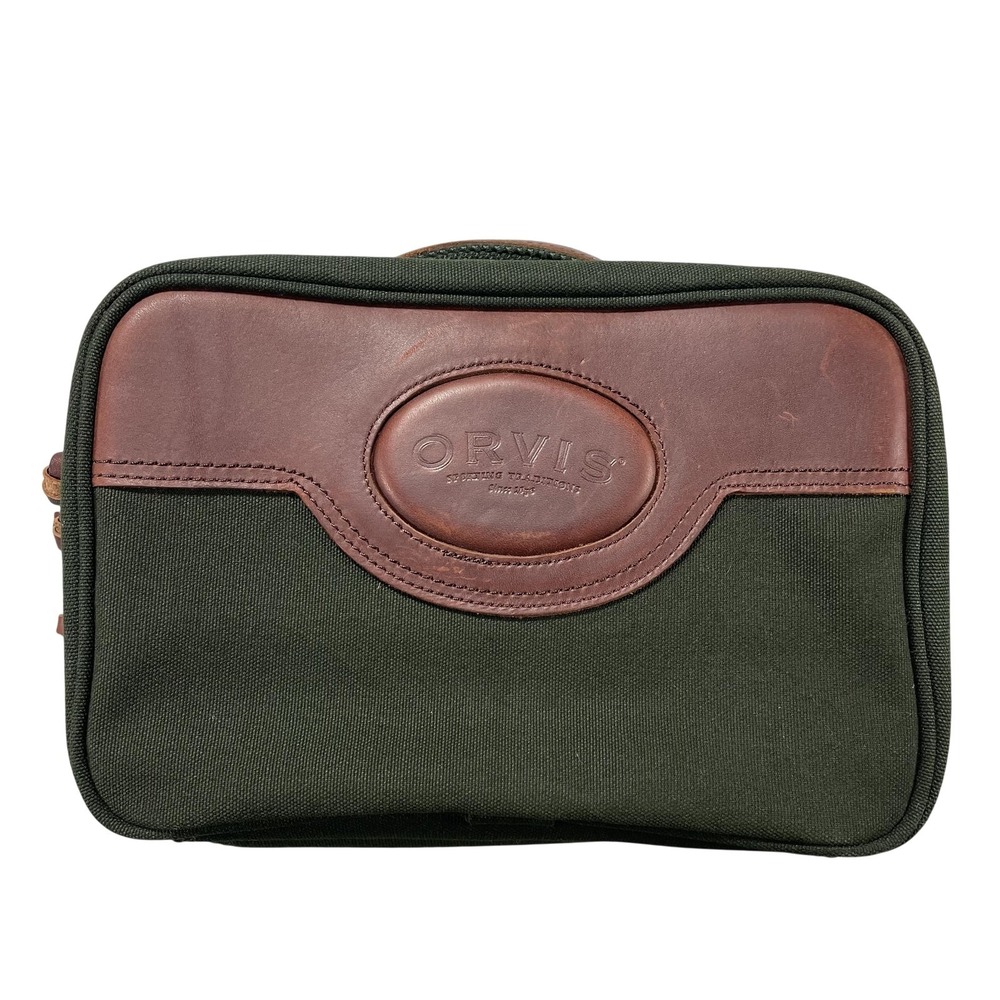 Orvis Green Canvas Leather Toiletry Battenkill Bag Kit Hanging Travel Zip Case